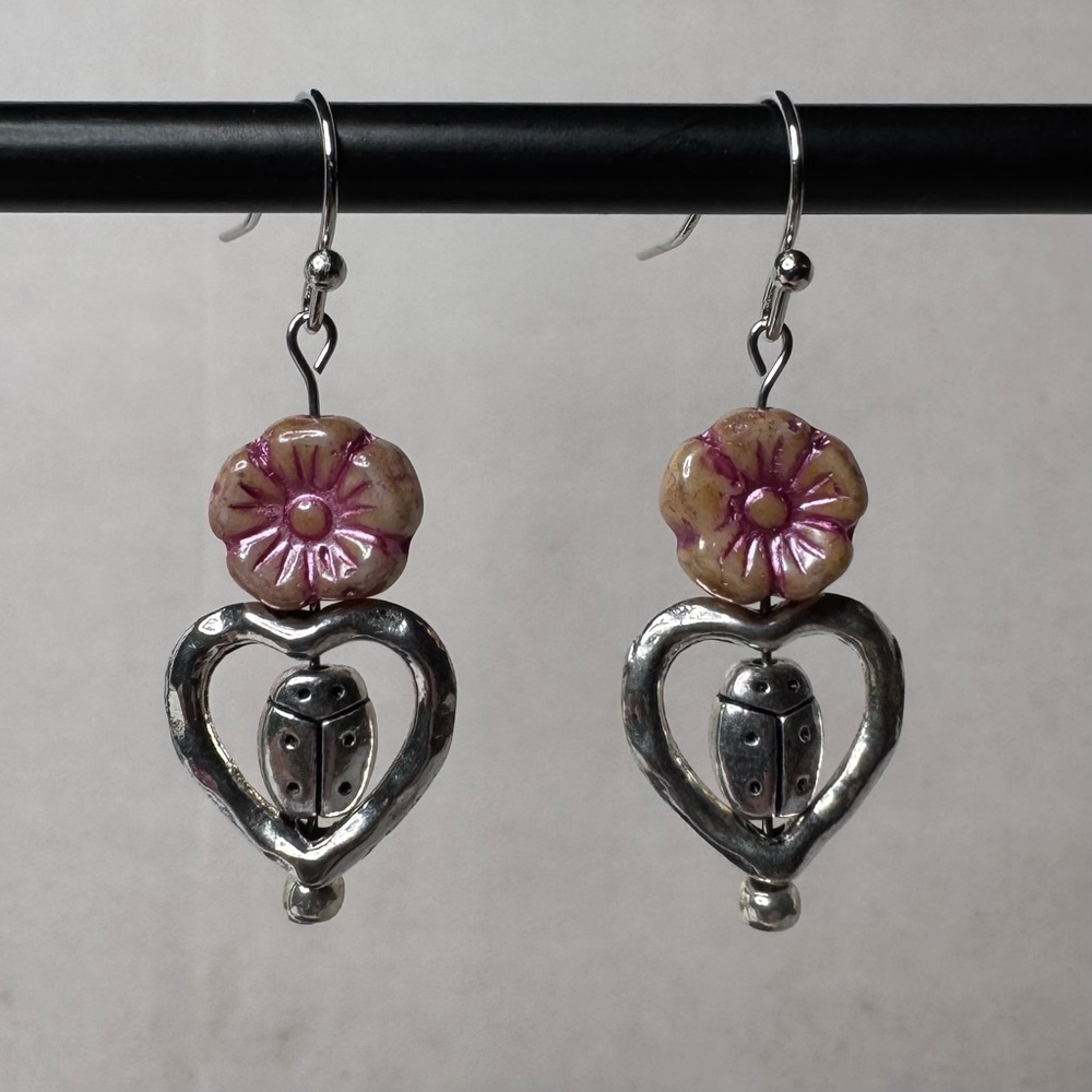 Hand Crafted Ladybug in Heart & Czech Glass Flower Dangle Earrings 1 1/2” NWT